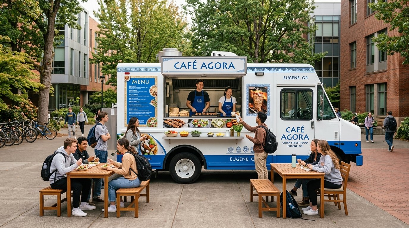 A Greek food truck serving students near a university campus, with fresh Mediterranean dishes displayed at the service window.