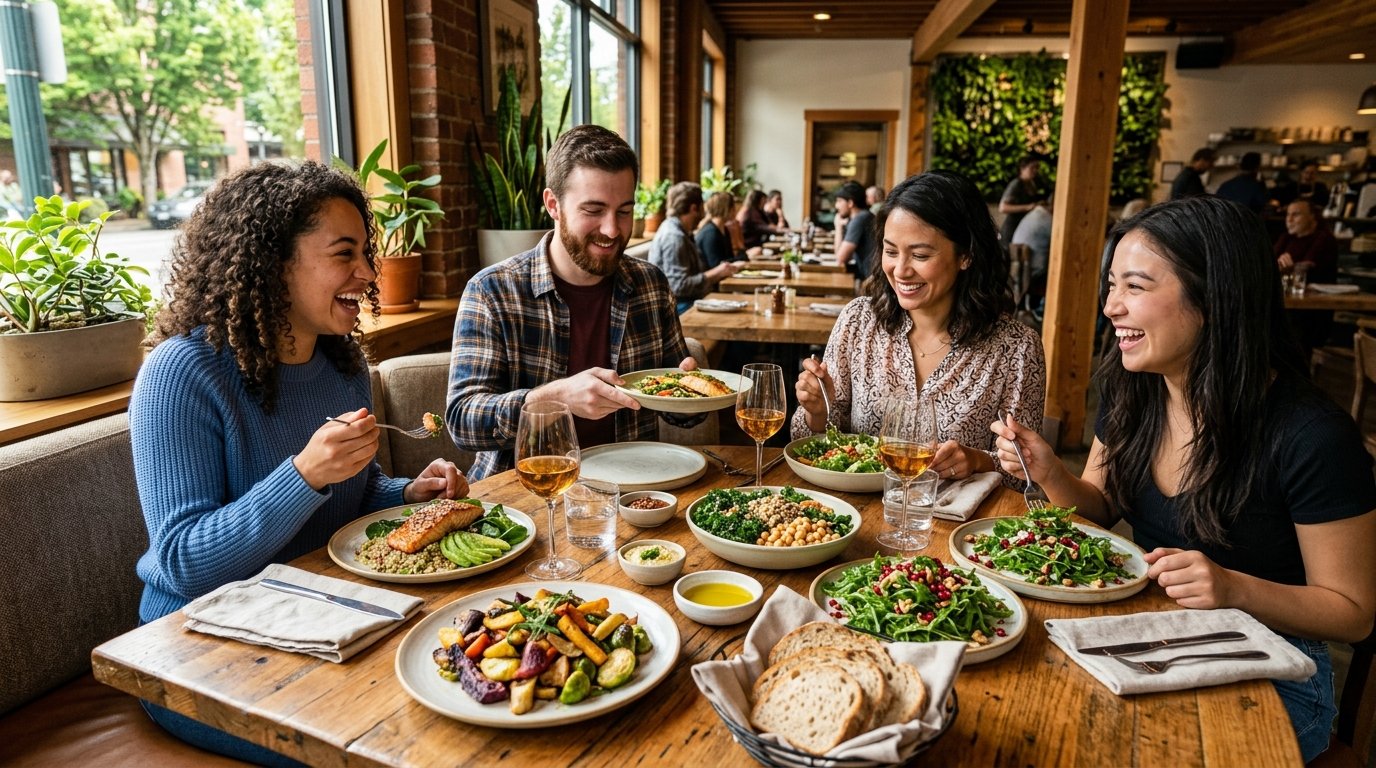 Diners enjoy colorful gluten-free meals in a warm, plant-filled restaurant.