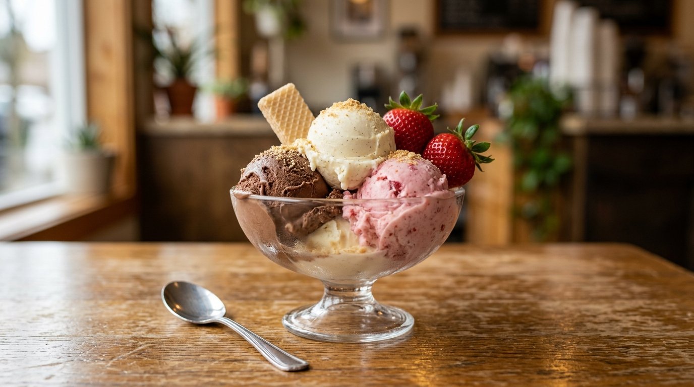 A layered vanilla, chocolate, and strawberry ice cream dessert in a glass dish with a wafer cookie and fresh strawberries.