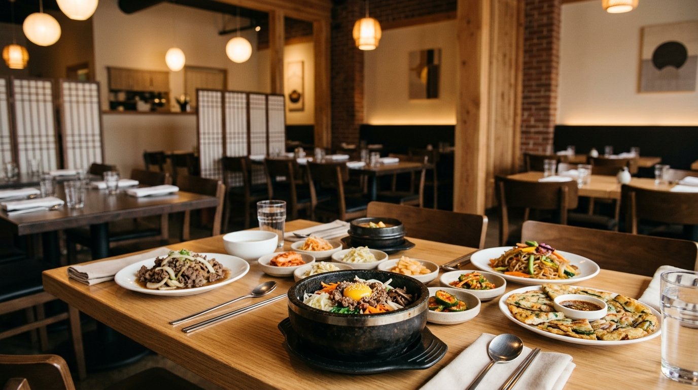 A table filled with Korean dishes inside a warmly lit restaurant.