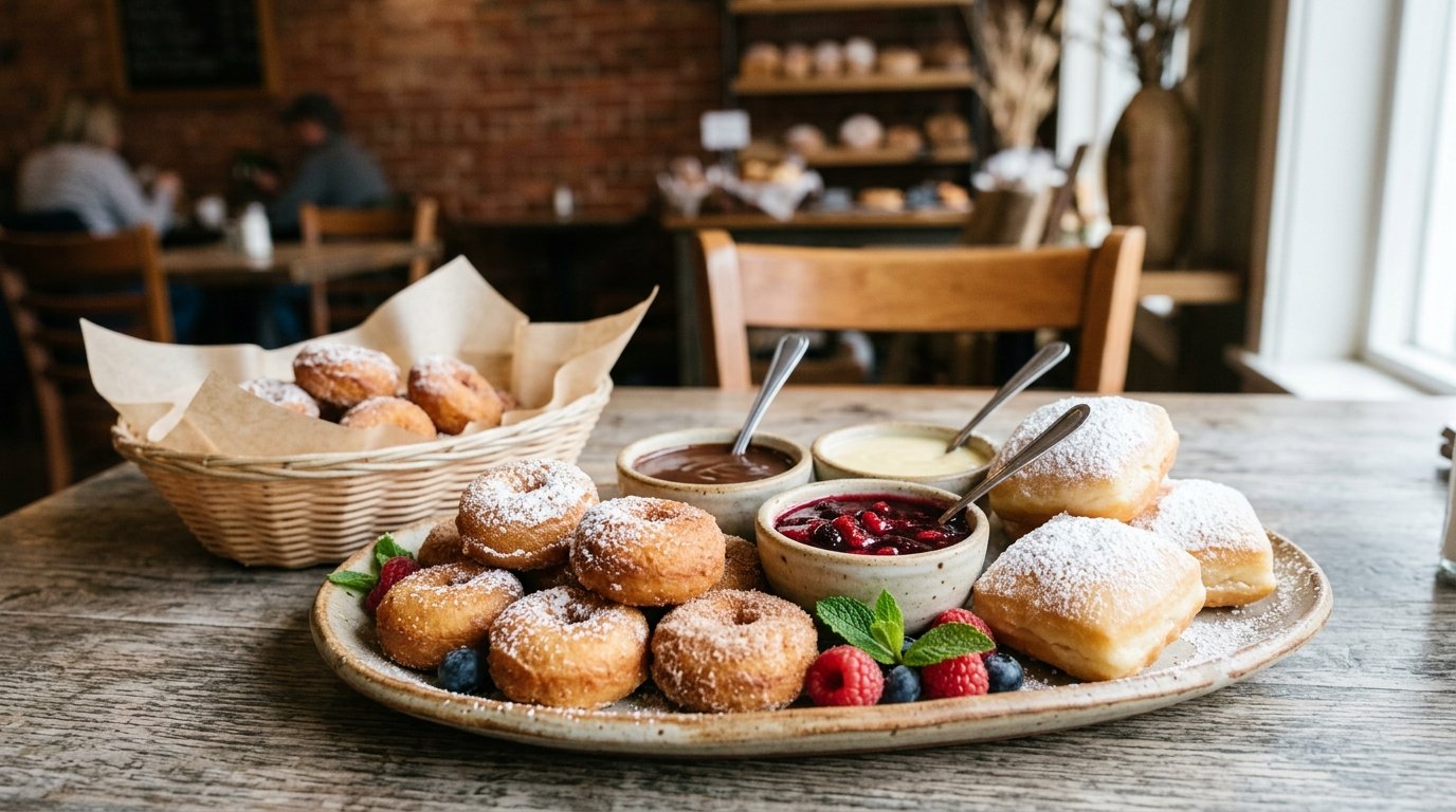 An assortment of mini donuts and powdered beignets with dipping sauces on a platter.