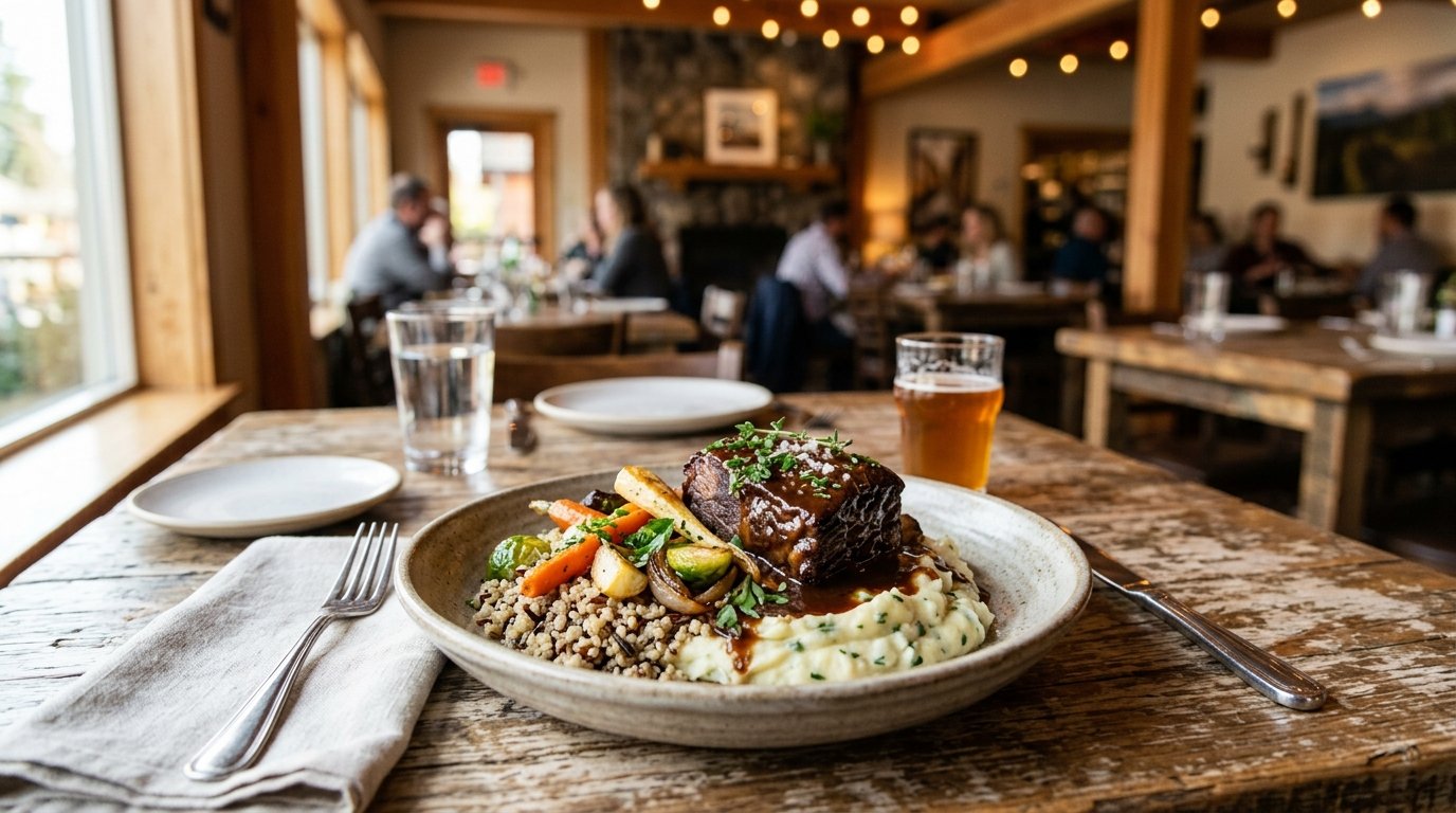 A plated braised dish with roasted vegetables and fresh herbs on a wooden restaurant table.