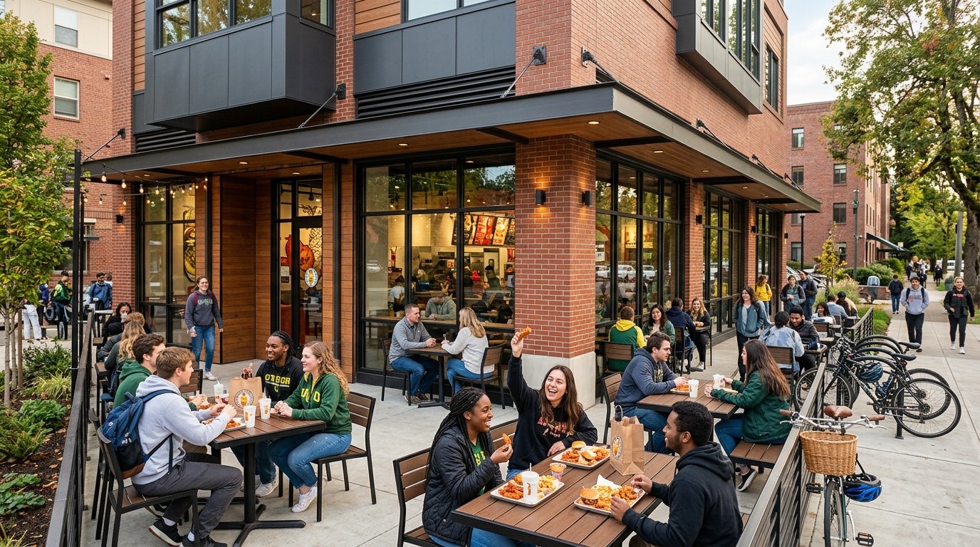 Diners enjoying a casual meal outside a modern fried chicken restaurant near a university.
