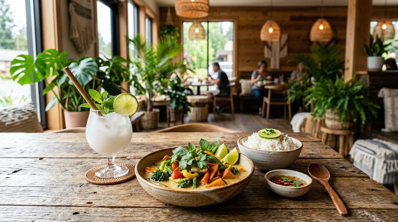 A colorful gluten-free meal and coconut drink on a table inside a tropical-inspired restaurant.