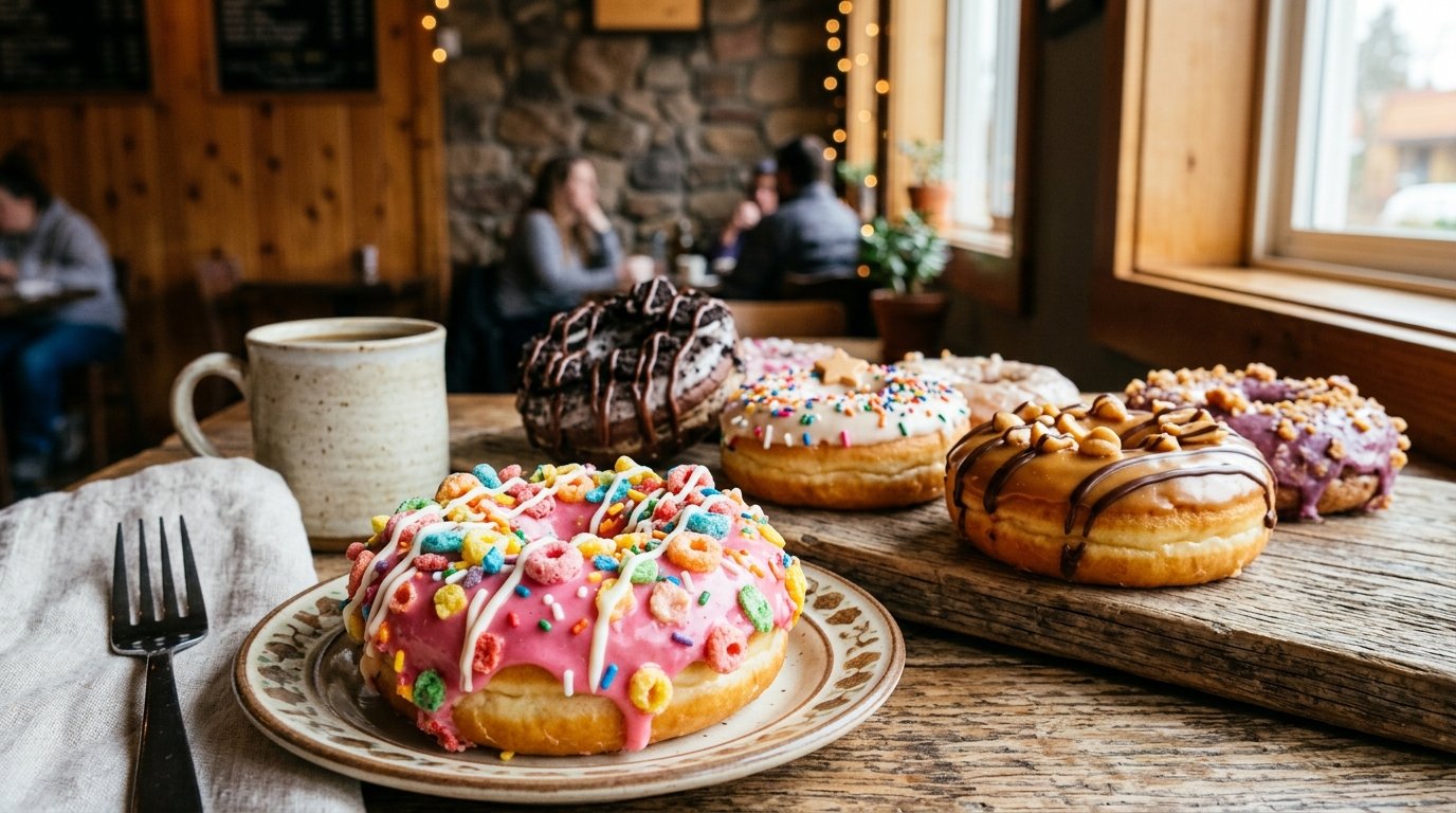 An assortment of colorful decorated doughnuts arranged on a café table.