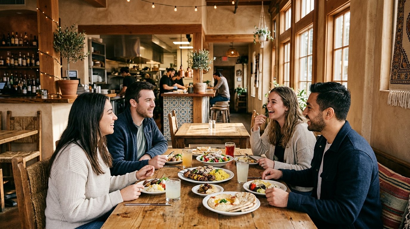  diners enjoying a meal together in a warmly lit Mediterranean-style cafe.