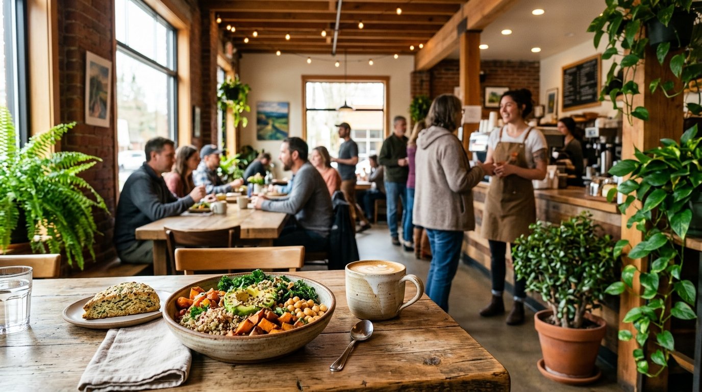 A colorful gluten-free meal served on a cafe table in a warm, welcoming restaurant.