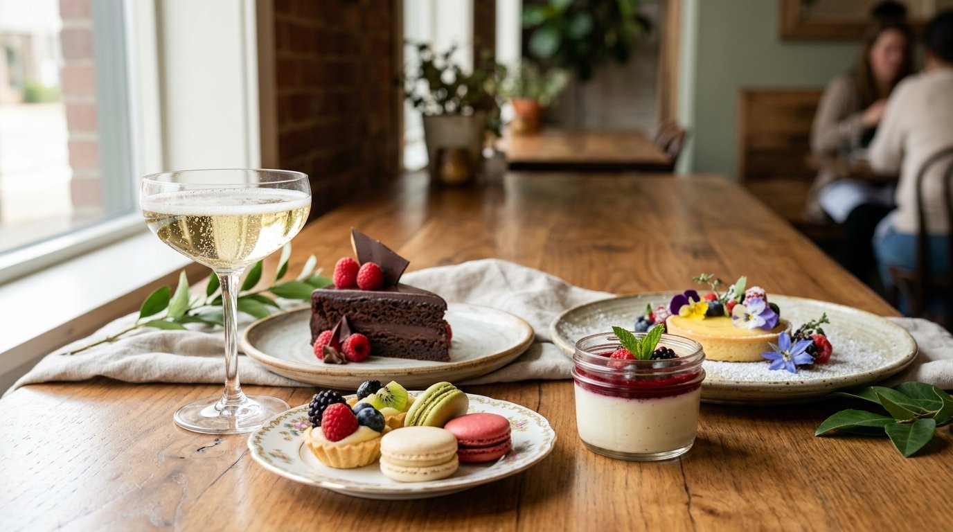 A champagne glass and an assortment of elegant desserts arranged on a restaurant table.