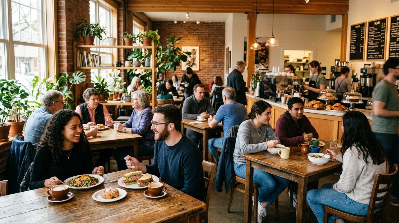 Students and local diners enjoying meals in a bright, welcoming cafe with plants, wood tables, and large windows.