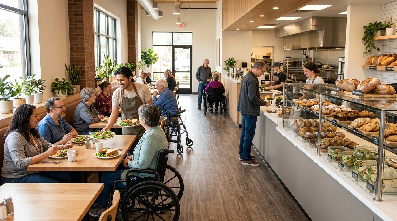A welcoming bakery diner with gluten-free food displayed at a counter and people enjoying meals.