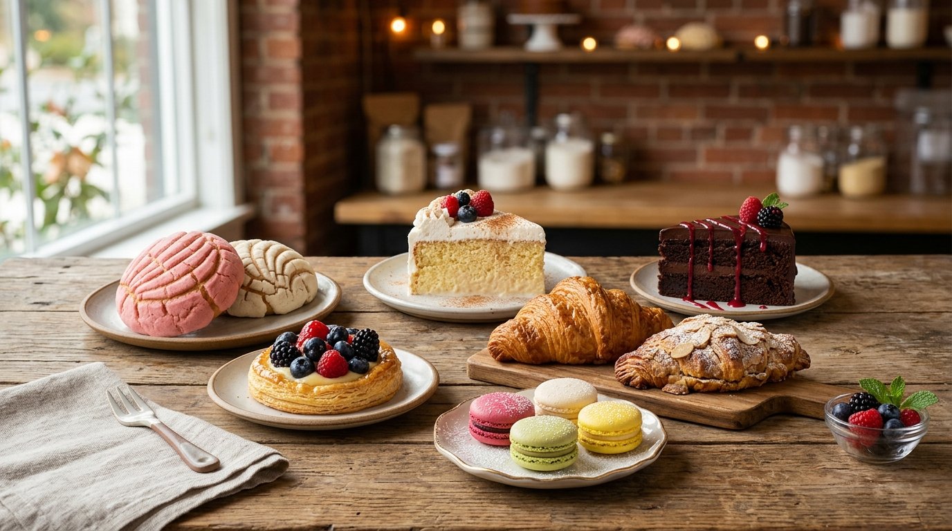 An assortment of colorful pastries, cakes, tarts, and macarons arranged on a bakery table.
