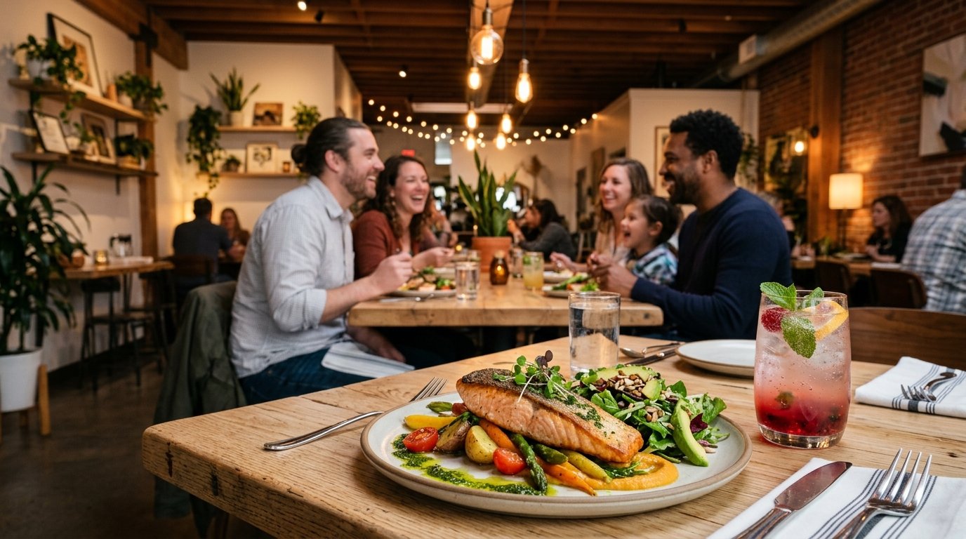 A beautifully plated gluten-free meal in a warm, welcoming restaurant with diners in the background.