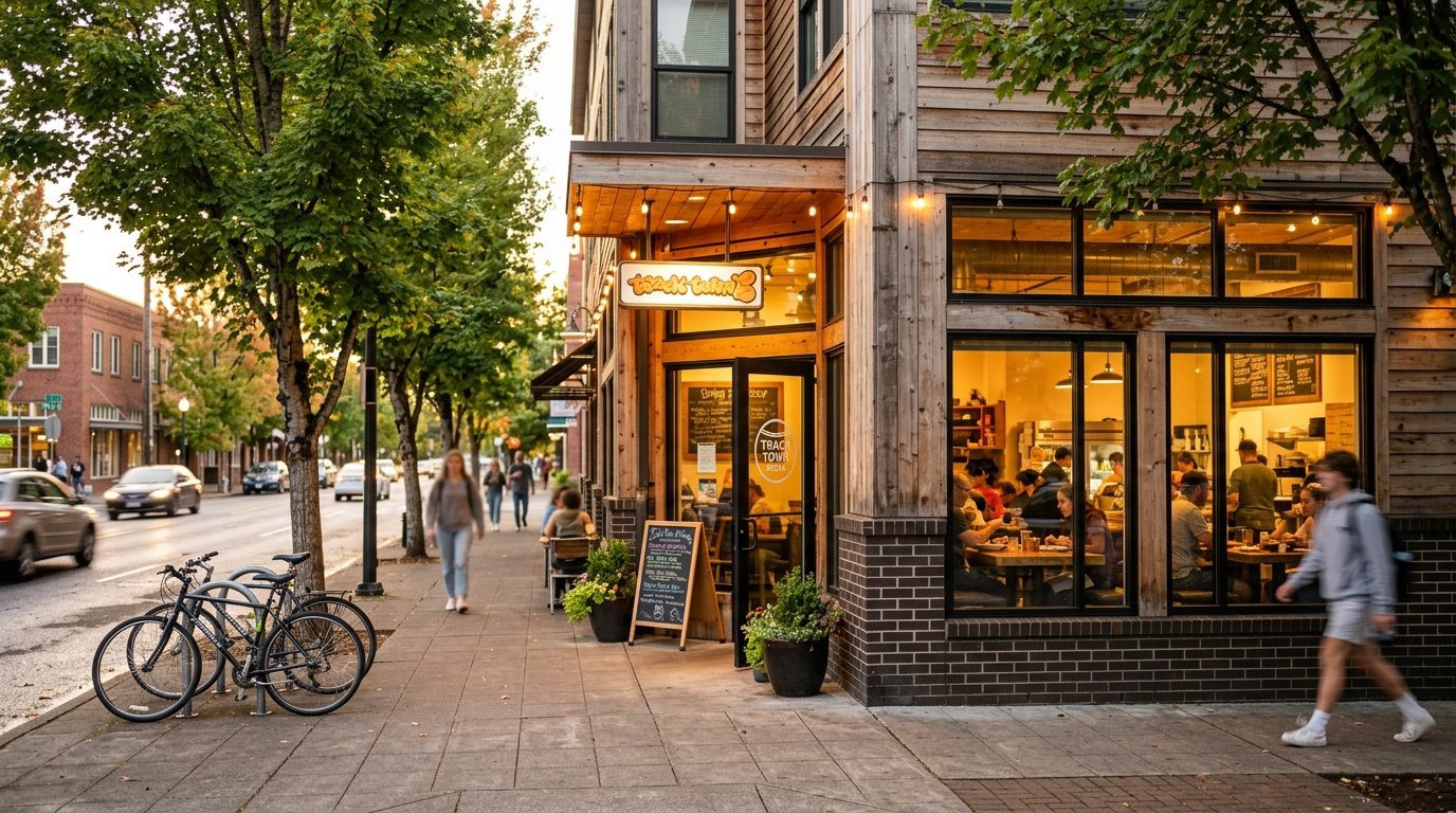 A welcoming neighborhood pizzeria near the University of Oregon with a cozy dining area and people outside.