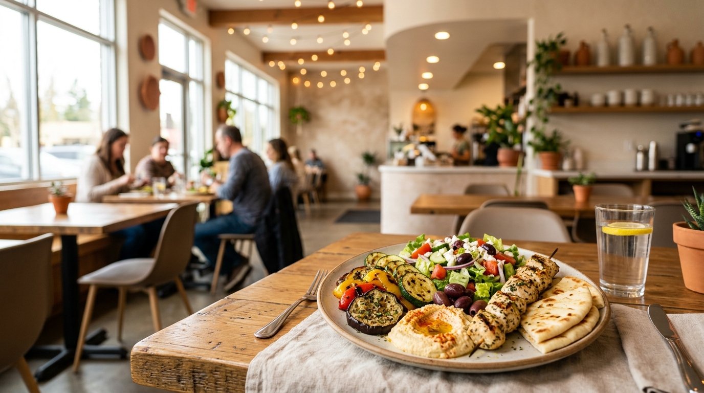 A colorful gluten-free Mediterranean meal served in a welcoming cafe.