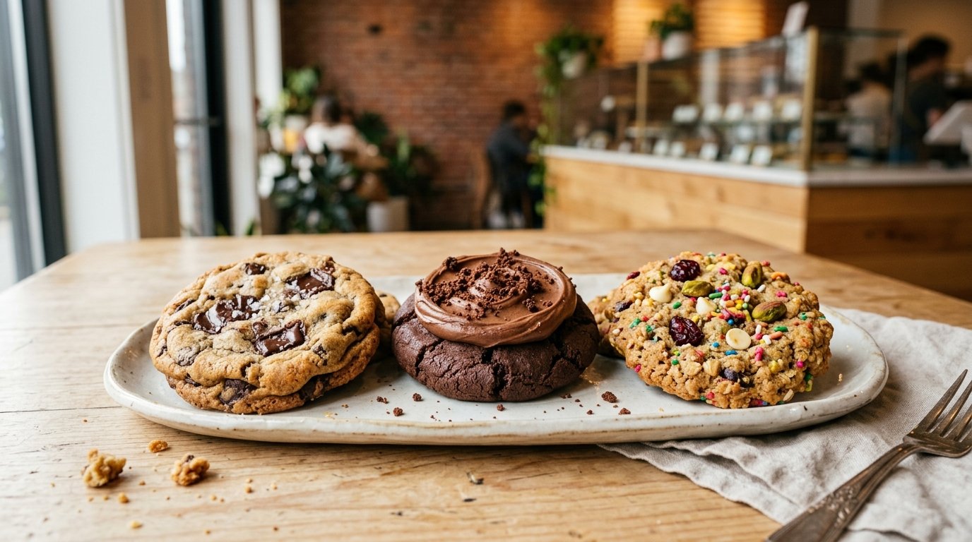 An assortment of oversized gourmet cookies arranged on a ceramic platter.