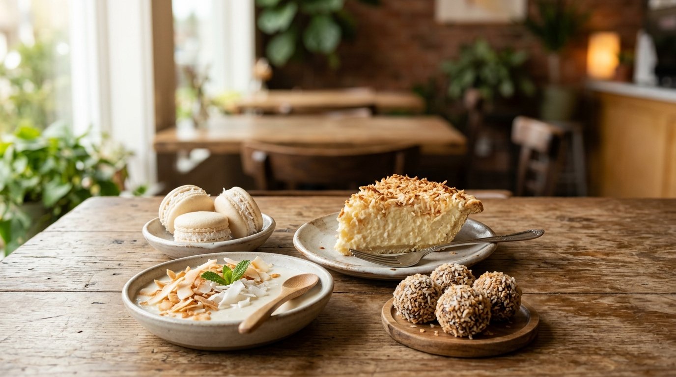An assortment of coconut desserts, including pie, macarons, truffles, and panna cotta, arranged on a cafe table.