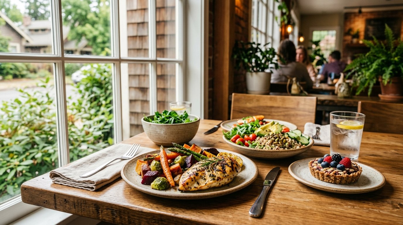 A colorful gluten-free meal with vegetables, grains, greens, and dessert arranged on a restaurant table.