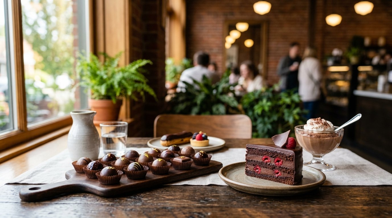 An assortment of handcrafted chocolates and elegant desserts arranged on a café table.
