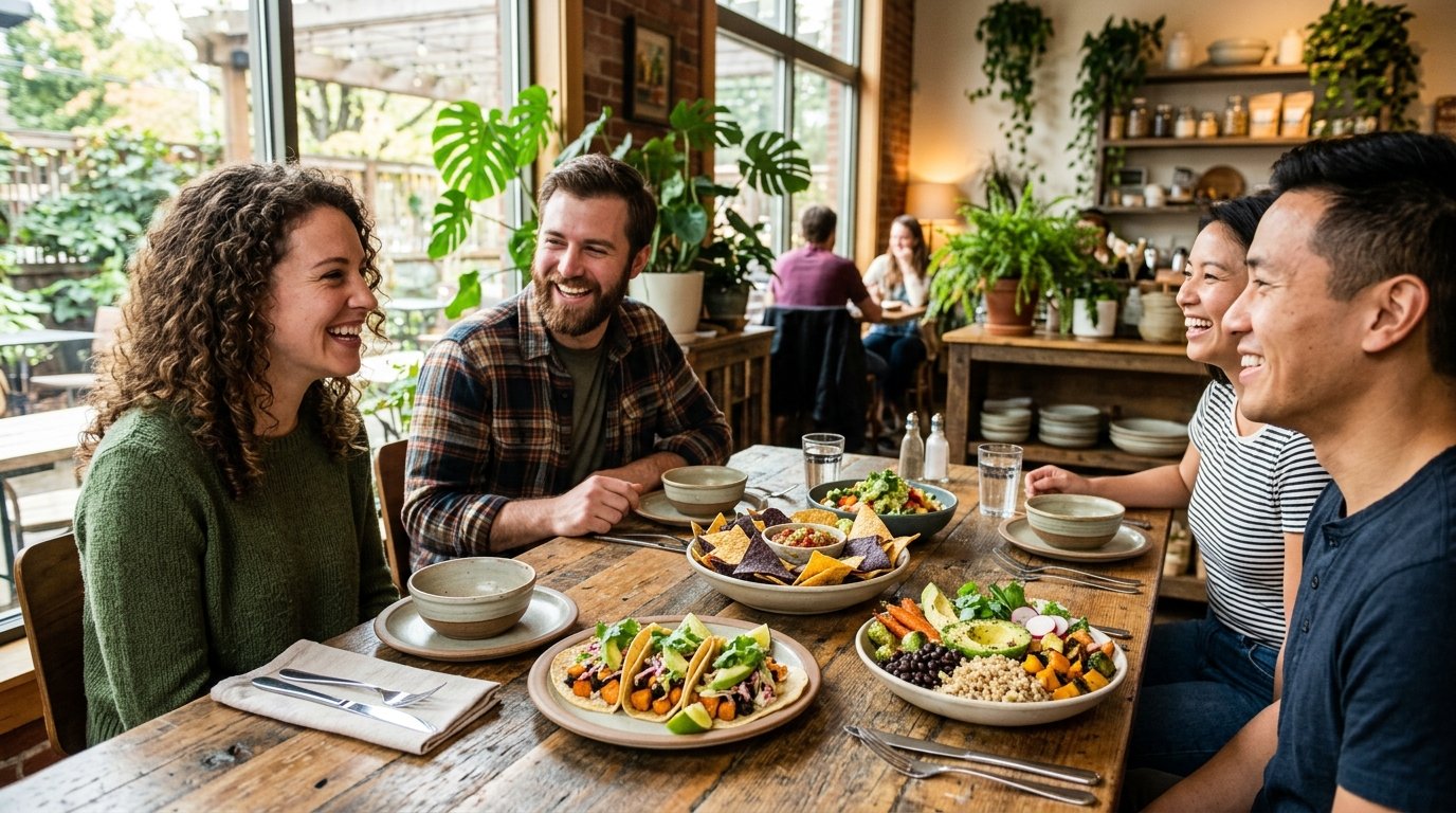 Friends laugh together over colorful gluten-free meals in a bright restaurant.