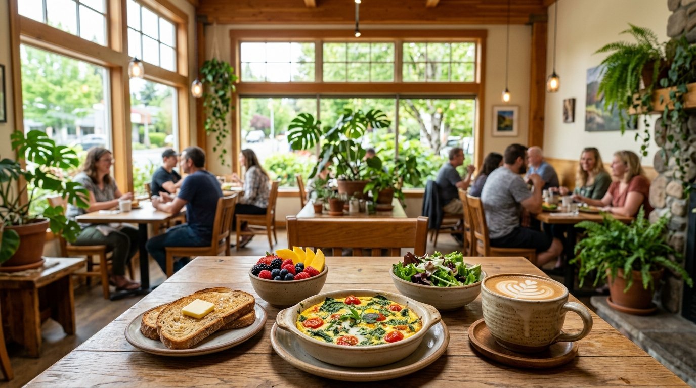 A bright café with diners enjoying a table of gluten-free breakfast dishes and coffee.