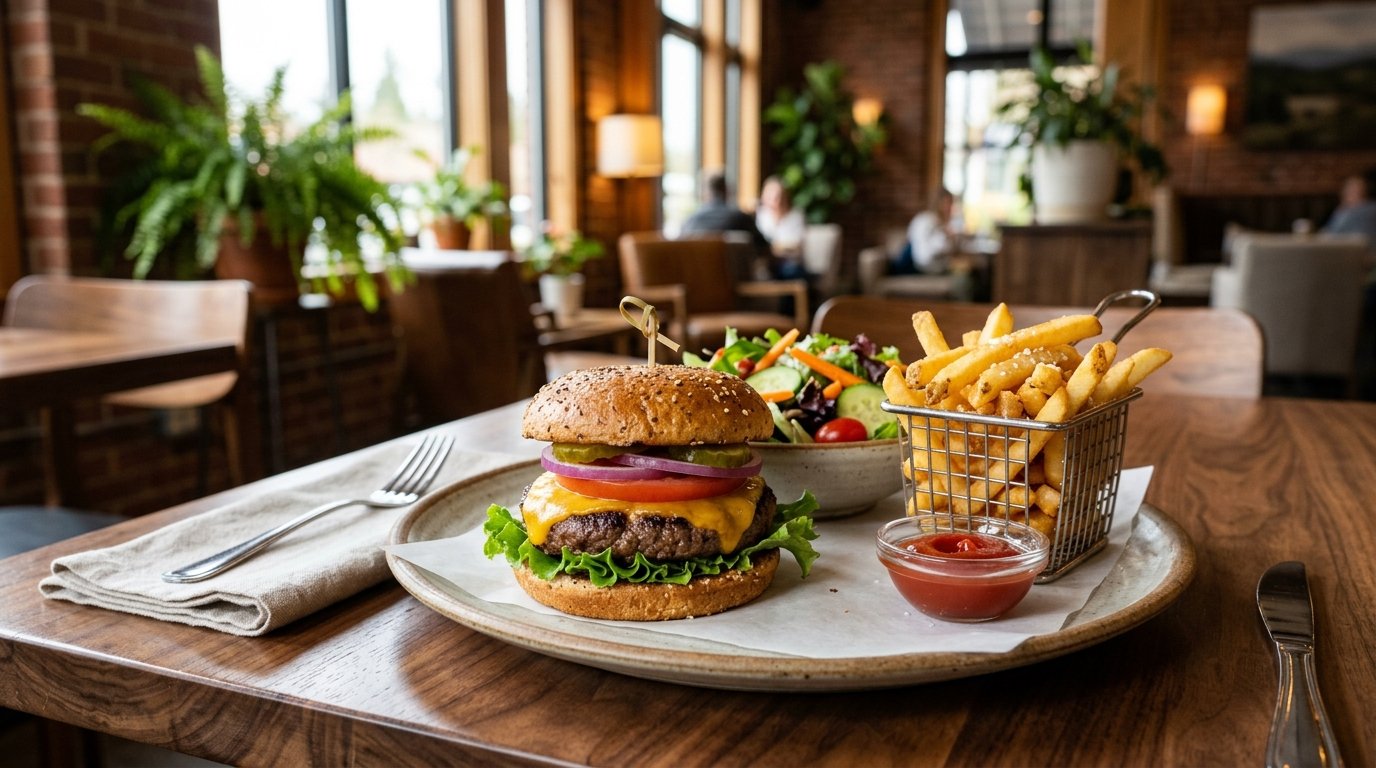 A gluten-free burger with fries and salad on a plate in a welcoming restaurant.