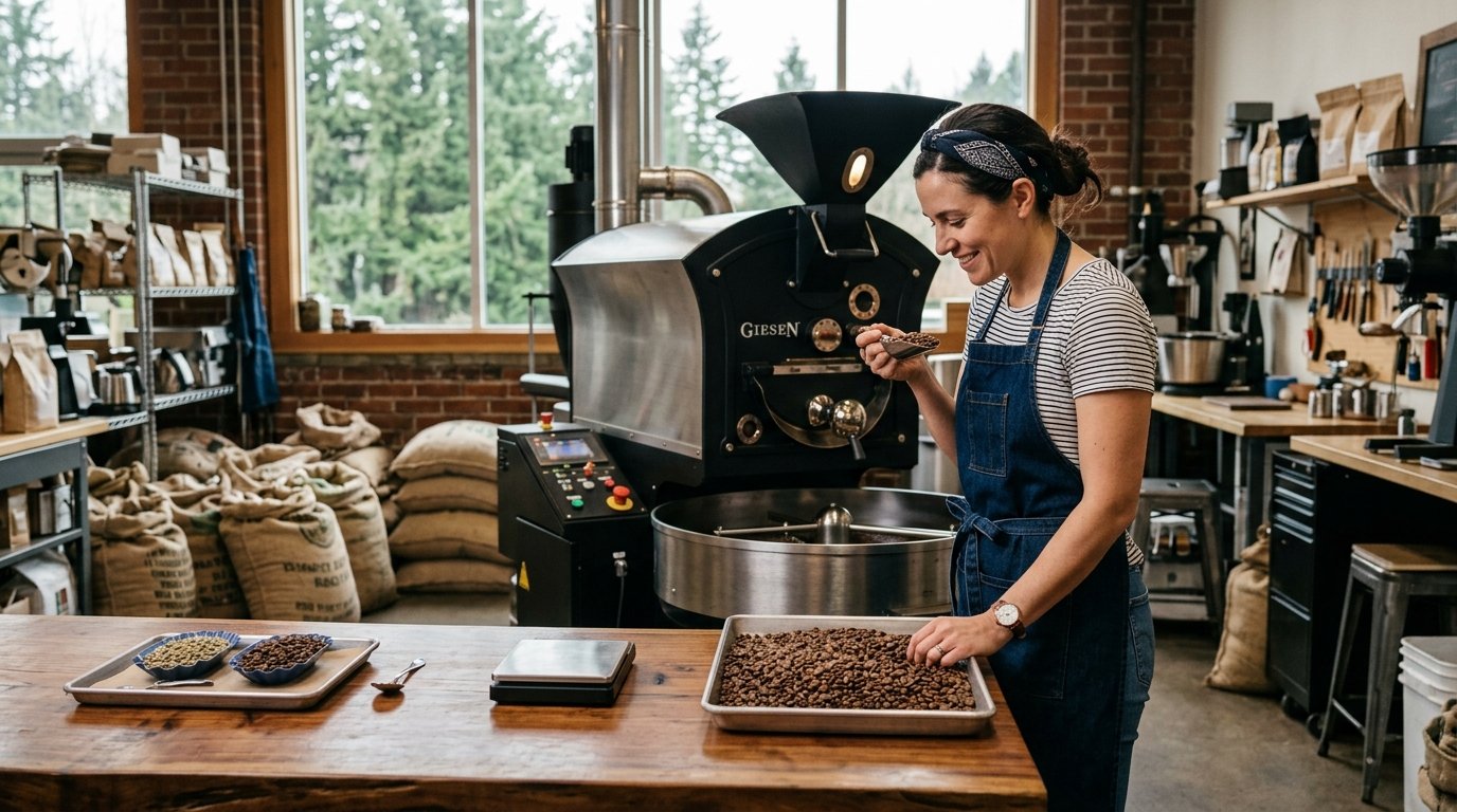 A coffee roaster examines freshly roasted beans in a cozy Eugene coffee roastery with evergreen trees visible outside.