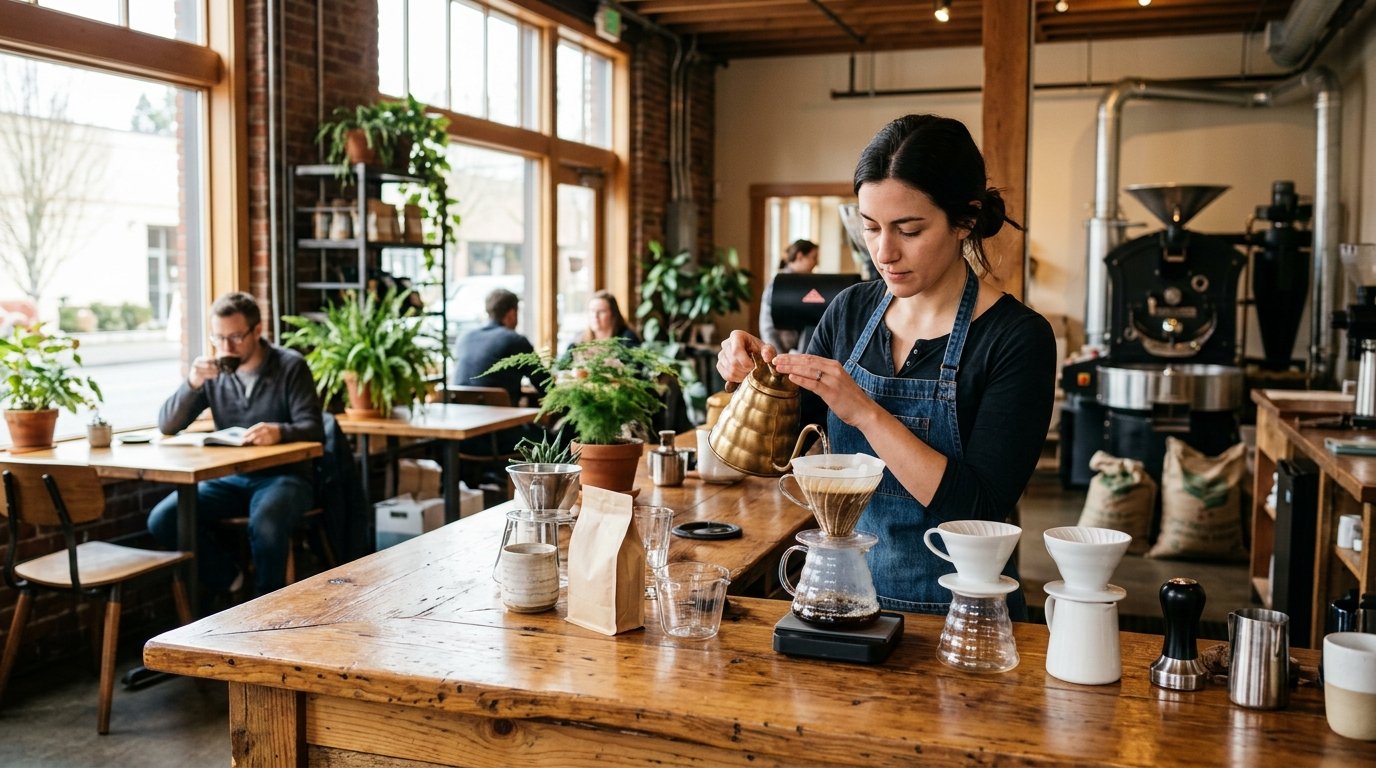 A barista prepares pour-over coffee inside a warm, welcoming specialty coffee roastery.