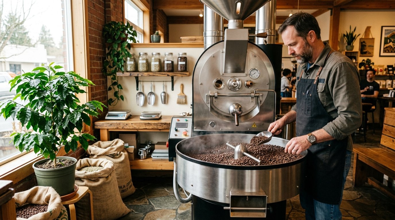 A coffee roaster monitors beans beside a stainless-steel roasting machine in a warm, plant-filled roastery.
