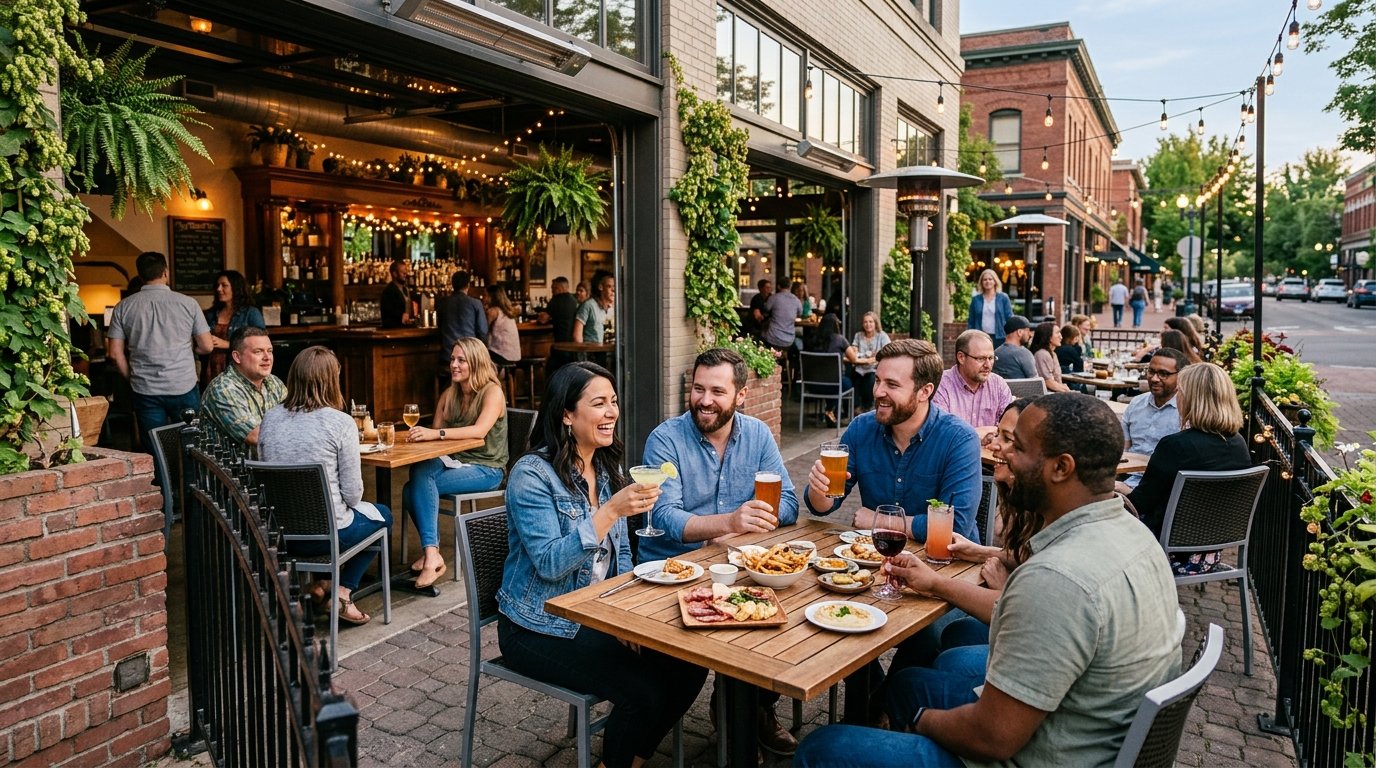 Adults enjoy drinks and appetizers on a warmly lit outdoor patio in downtown Eugene during early evening.