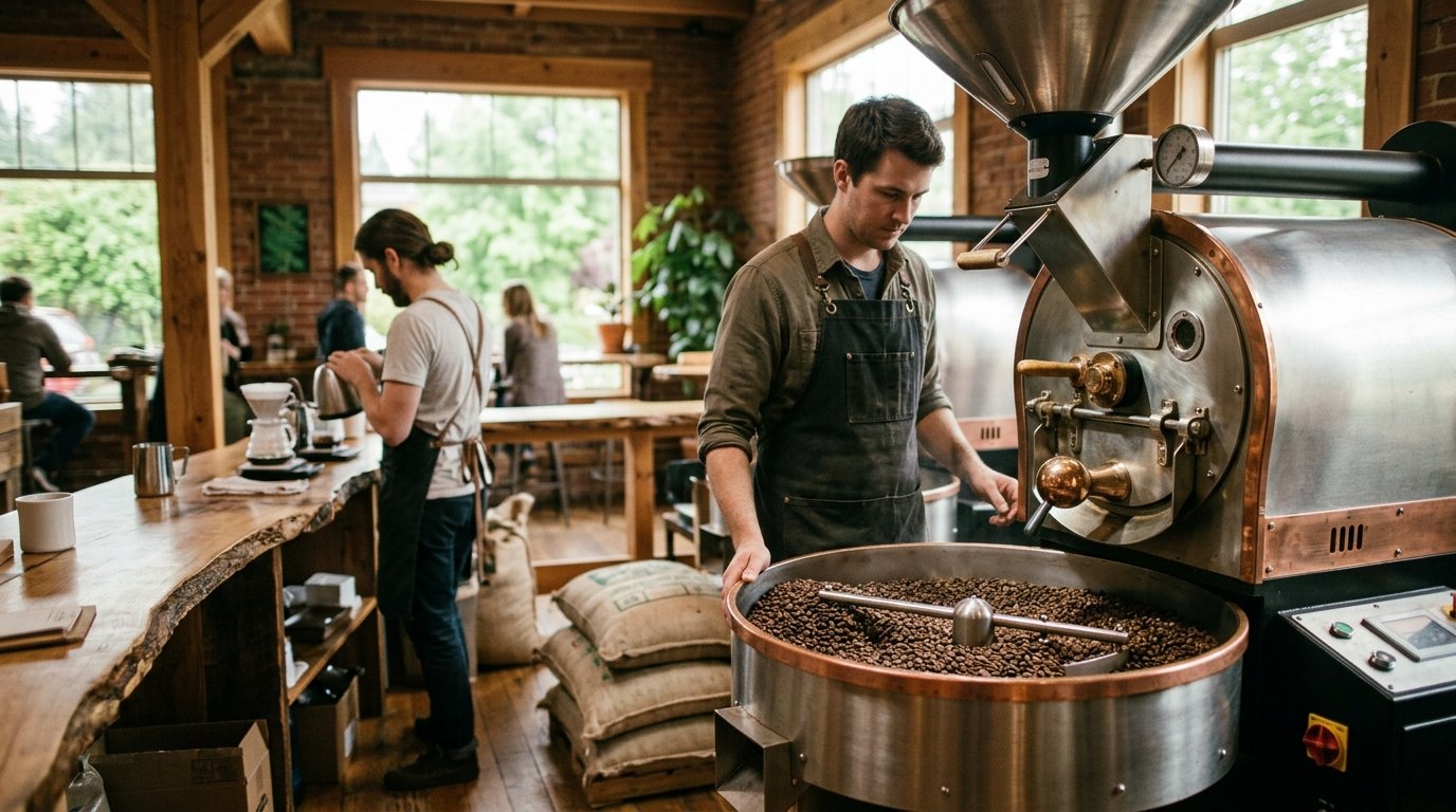 A coffee roastery with freshly roasted beans, brewing equipment, and a barista working in the background.