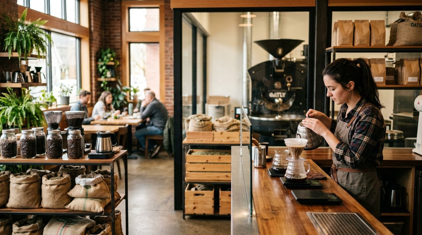 A barista prepares coffee at a warm, modern specialty coffee roastery in Eugene.