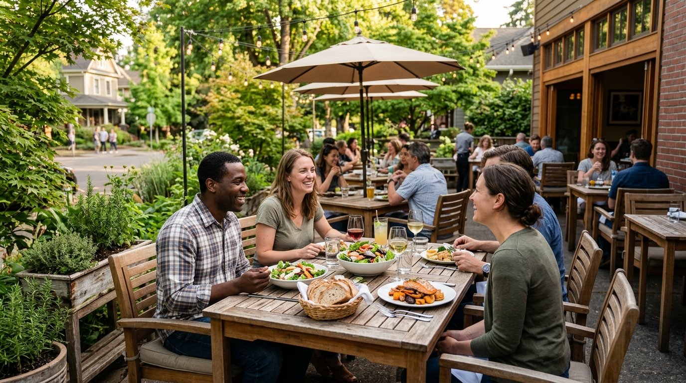 People enjoying a meal on a leafy outdoor restaurant patio in Eugene, Oregon.