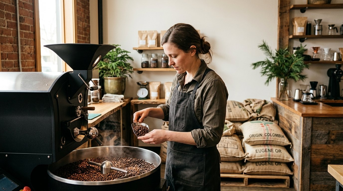 A barista roasts and inspects coffee beans in a warm, wood-accented coffee roastery.