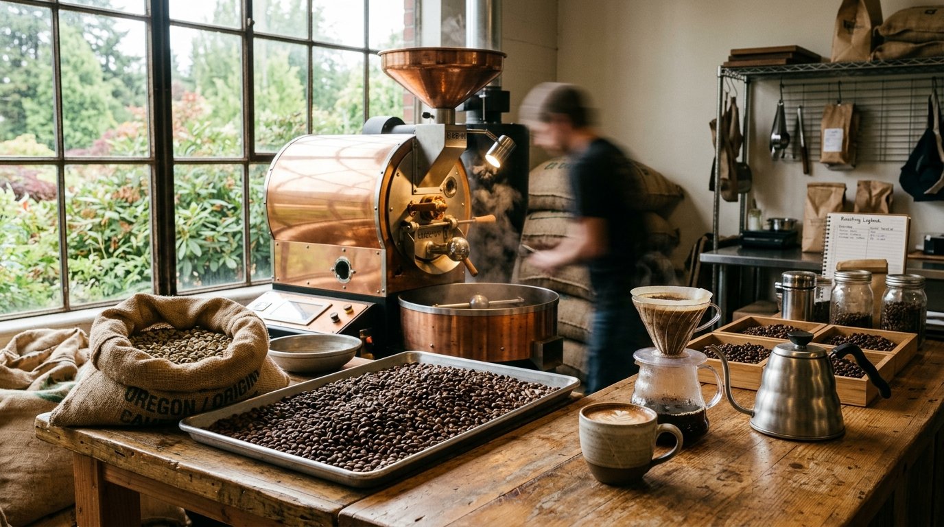 A cozy coffee-roasting workspace with a copper roaster, coffee beans, and a steaming cup beside a sunny window.