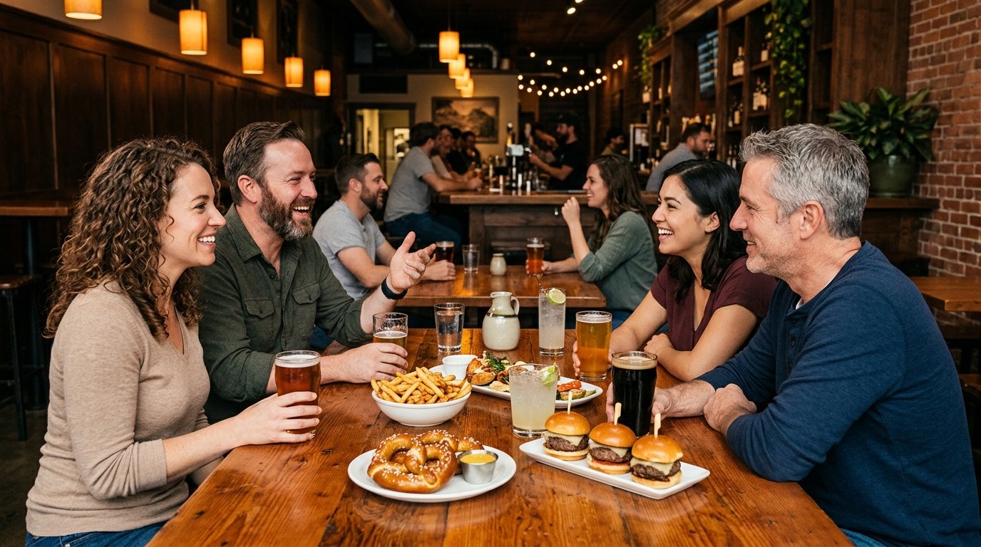 Friends enjoy craft beers and shared appetizers at a welcoming pub.