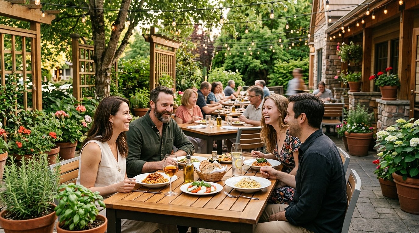 People enjoying an outdoor Italian meal on a leafy restaurant patio.
