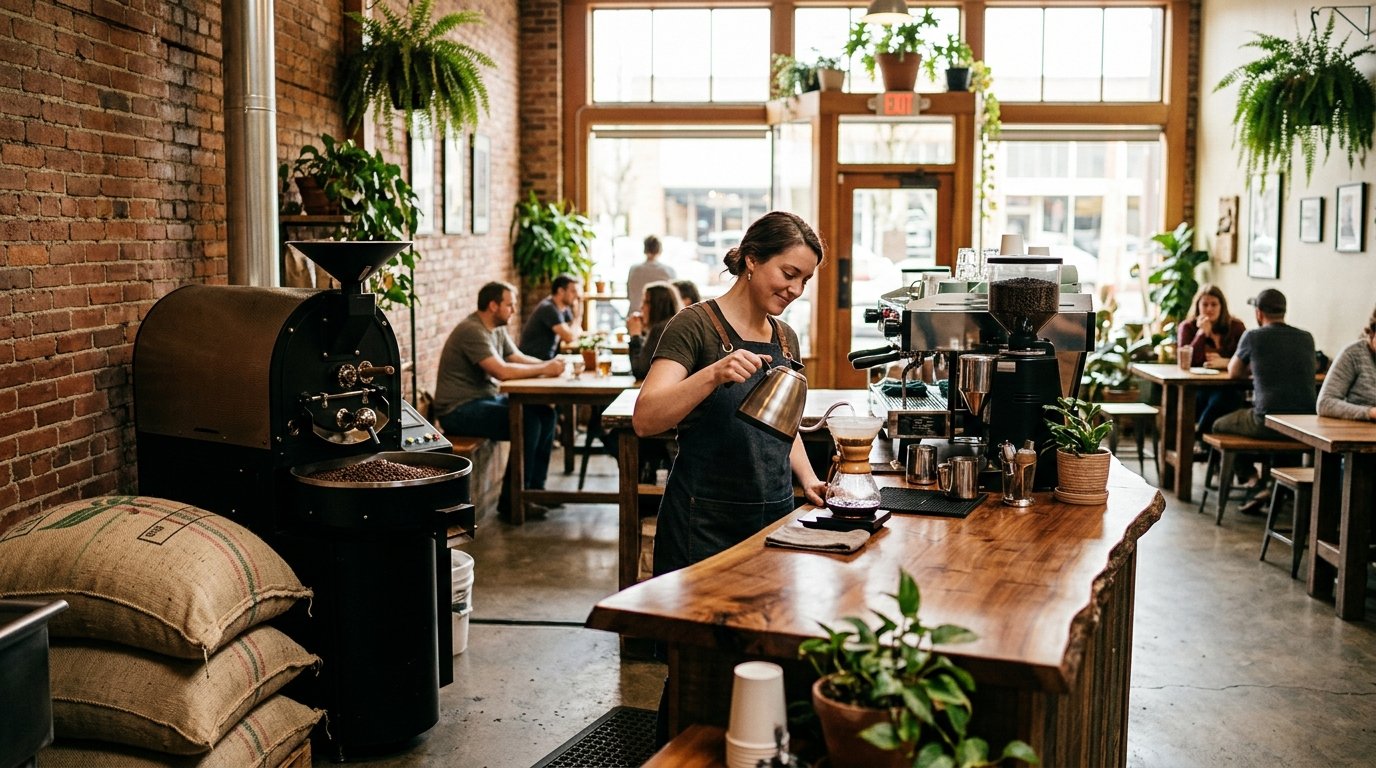 A welcoming coffee roastery with a barista preparing coffee beside roasting equipment and bags of beans.