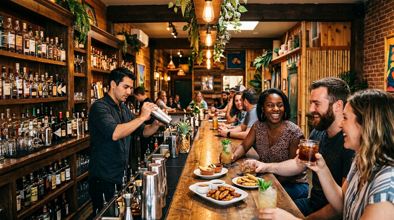 A warmly lit rum bar with tropical decor, a bartender preparing cocktails, and patrons enjoying happy hour.
