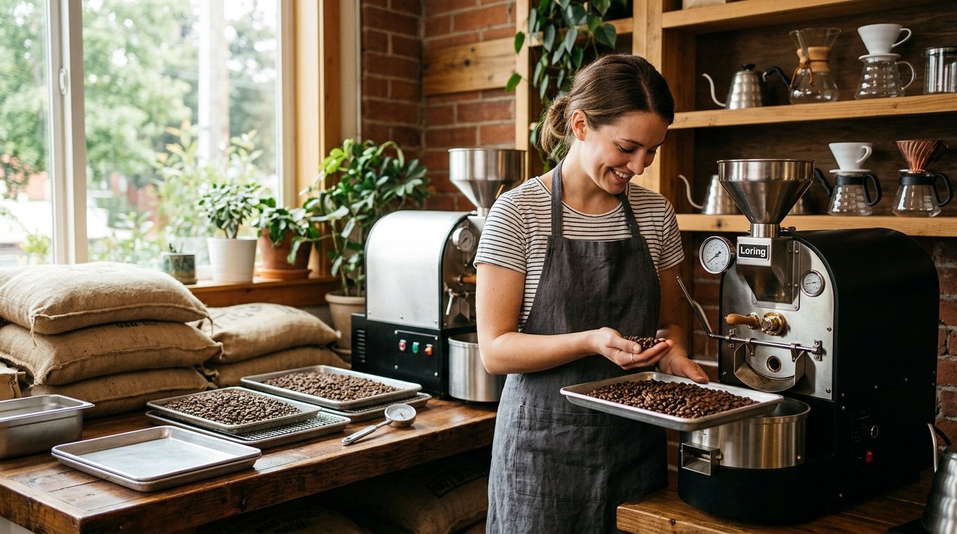 A barista inspects freshly roasted coffee beans in a cozy coffee roasting workspace.