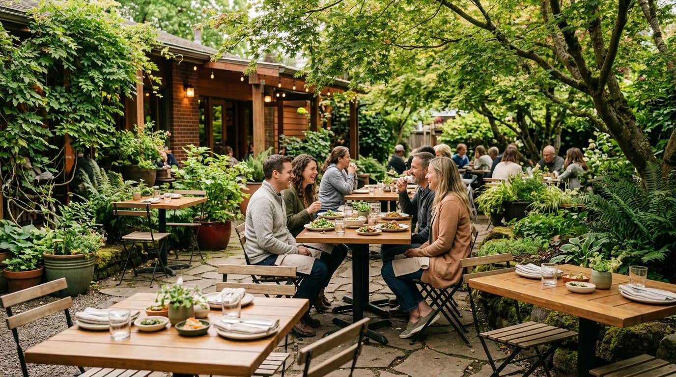 diners enjoying a meal on a green outdoor restaurant patio in Eugene, Oregon.