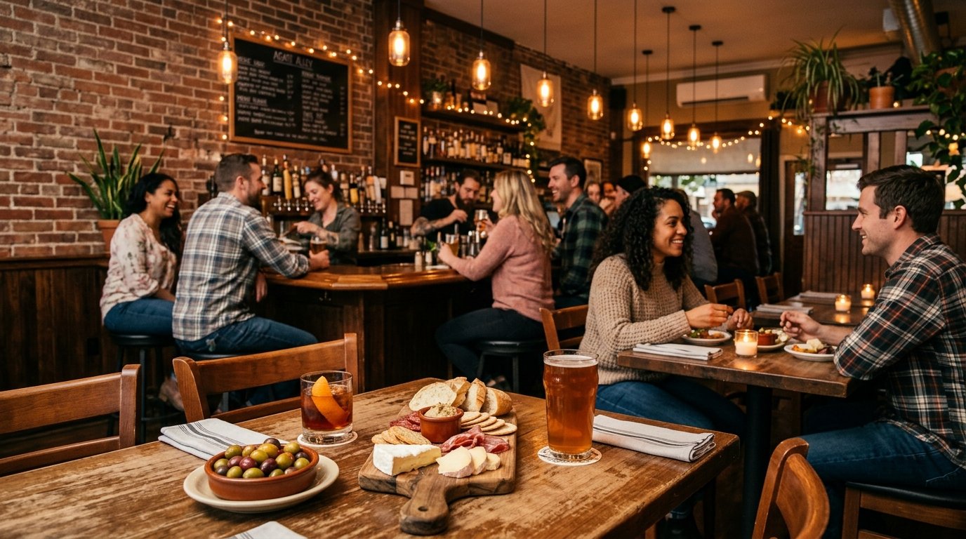 Patrons enjoying drinks and small plates in a warmly lit neighborhood bistro.