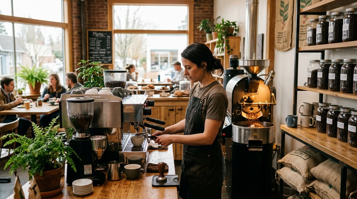 A barista prepares coffee in a welcoming specialty coffee roastery with beans, coffee sacks, and café equipment.