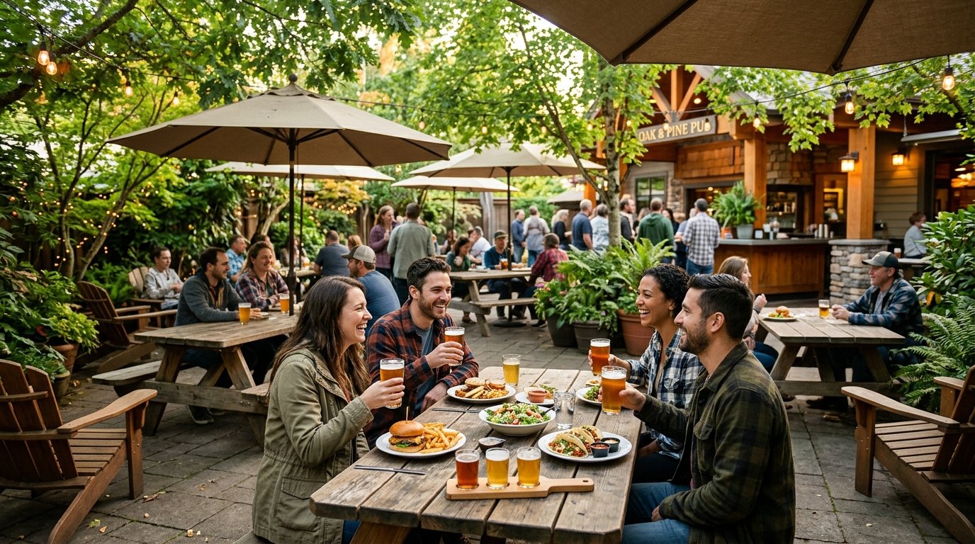 People enjoying food and beer at a shaded outdoor garden restaurant surrounded by greenery.