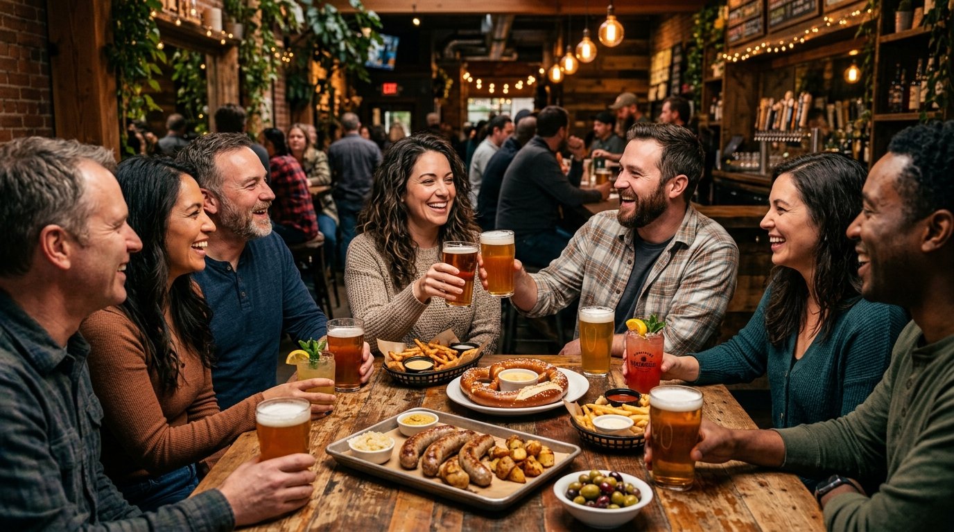 Adults enjoying food and drinks together at a warmly lit casual restaurant.