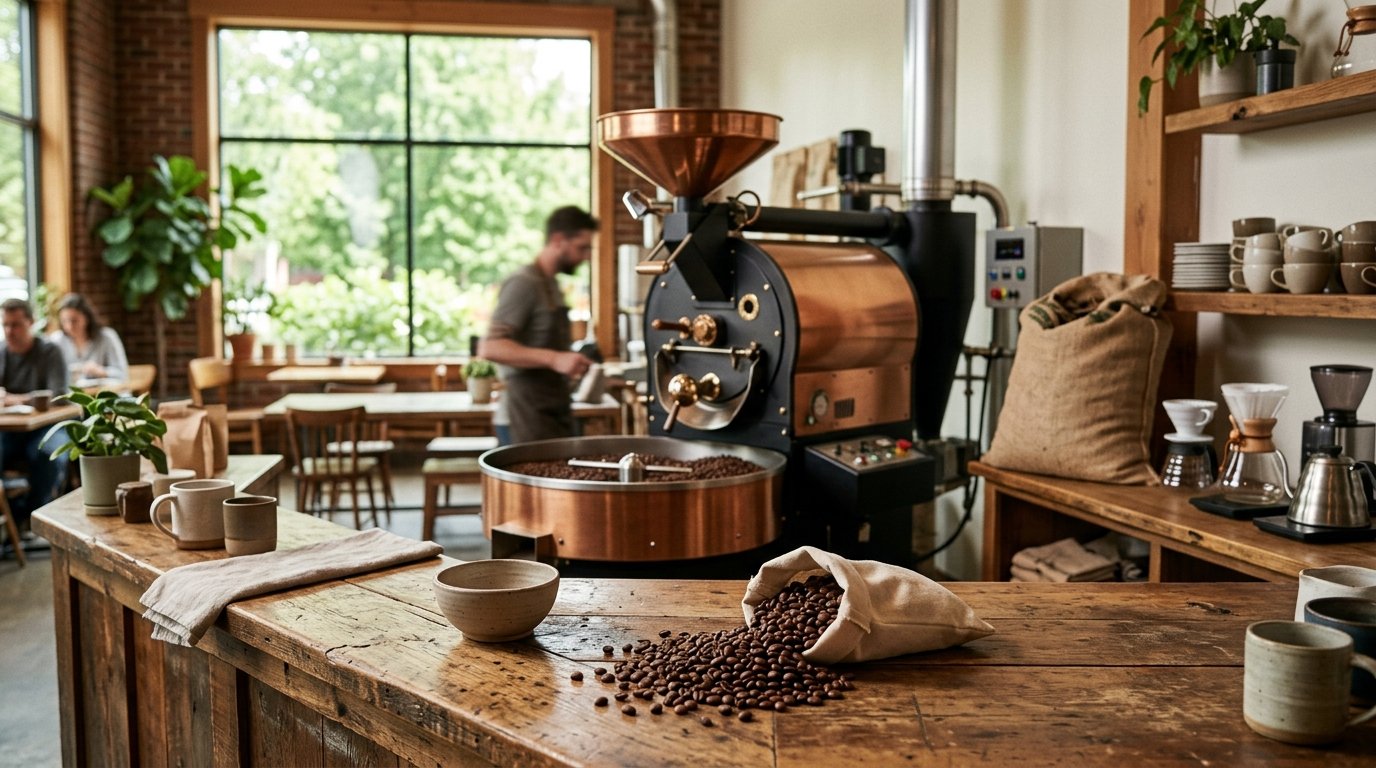 Freshly roasted coffee beans and brewing equipment in a warm, welcoming coffee roastery.