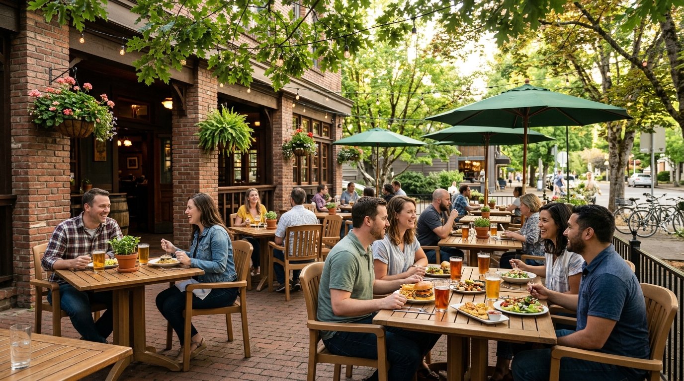 People enjoying food and drinks at a tree-lined outdoor pub patio.