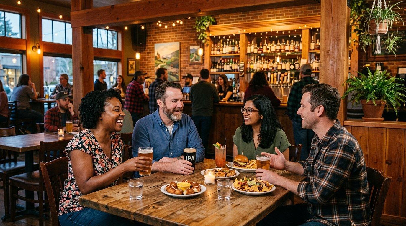 People enjoying drinks and appetizers together inside a warm, welcoming neighborhood pub.