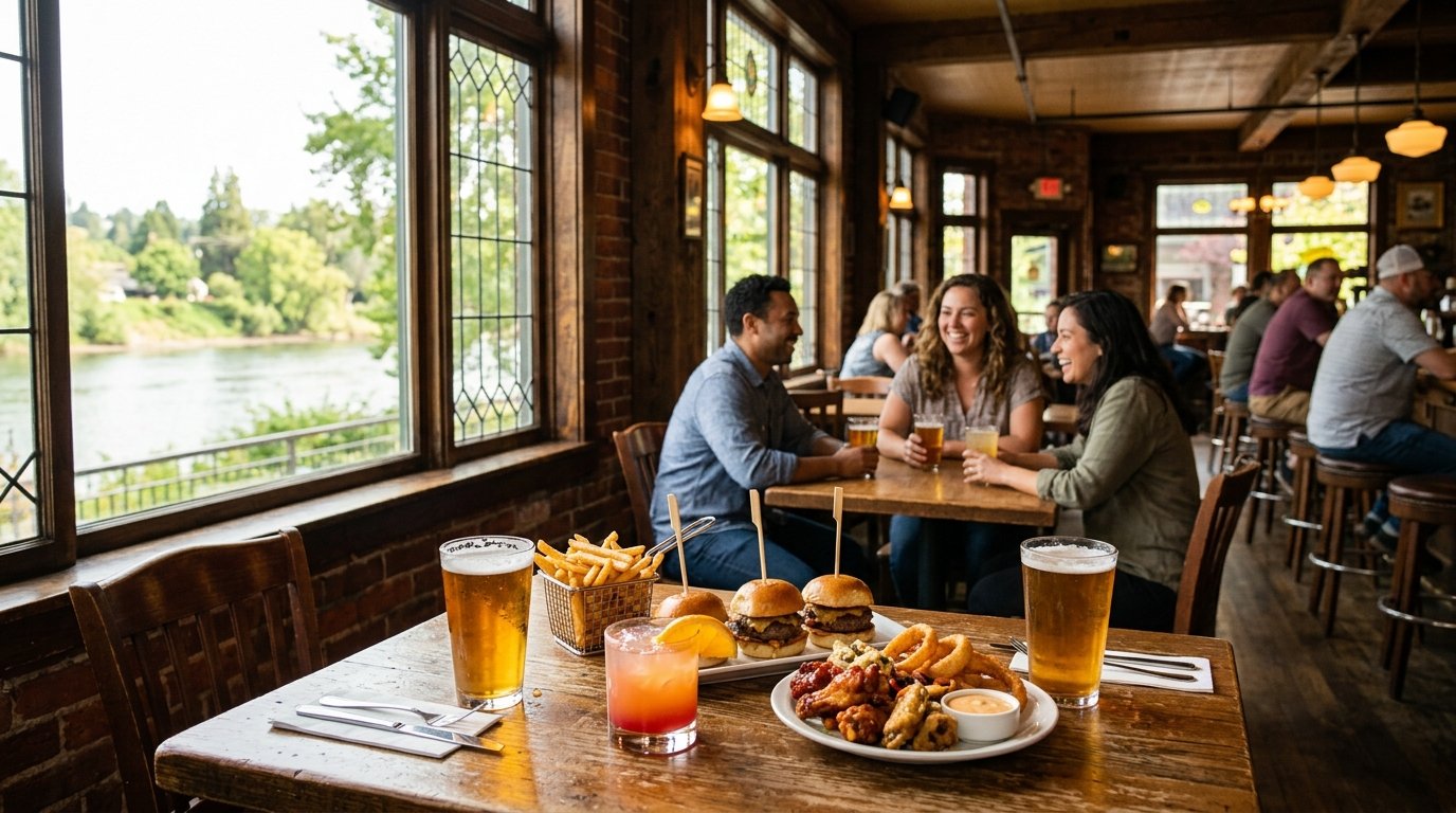 Friends enjoy craft drinks and shared appetizers inside a welcoming riverside pub.