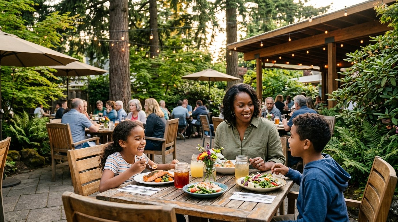 A mother and two children enjoy a meal on a leafy outdoor restaurant patio.