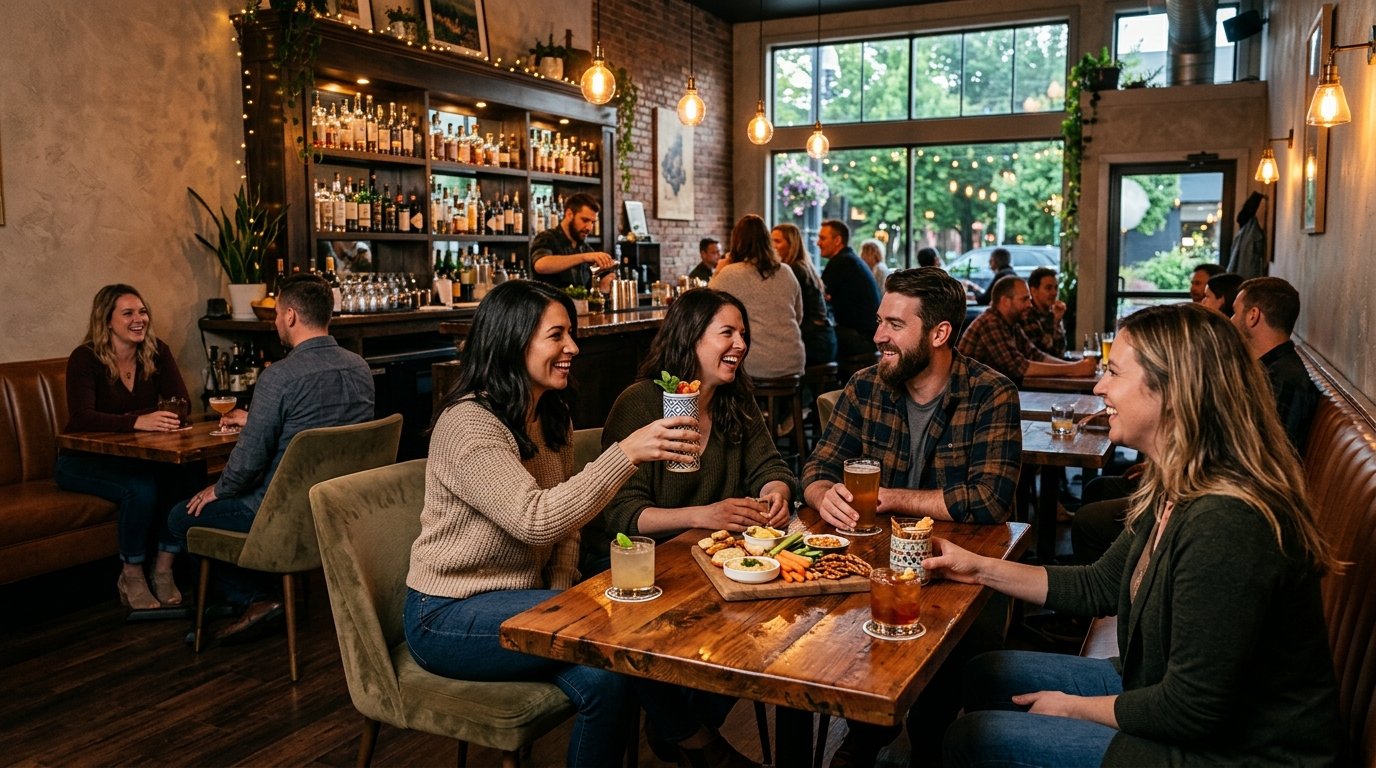 Adults relaxing with drinks and small plates in a warmly lit lounge bar.